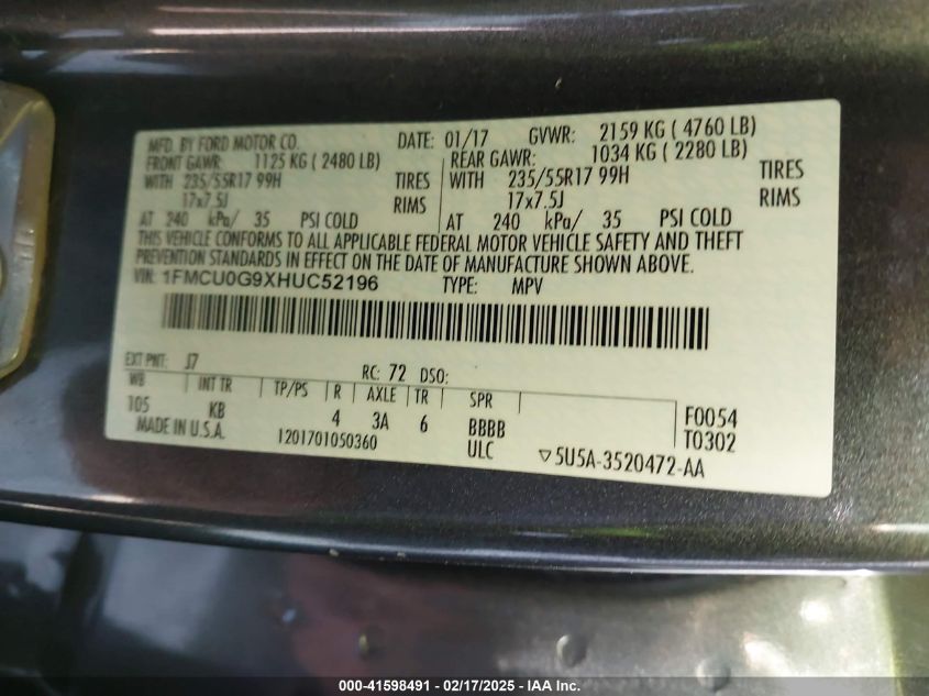 2017 Ford Escape Se VIN: 1FMCU0G9XHUC52196 Lot: 41598491