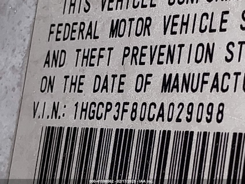 2012 HONDA ACCORD VIN: 1HGCP3F80CA029098