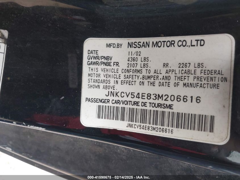 2003 Infiniti G35 Base W/Leather VIN: JNKCV54E83M206616 Lot: 43428845