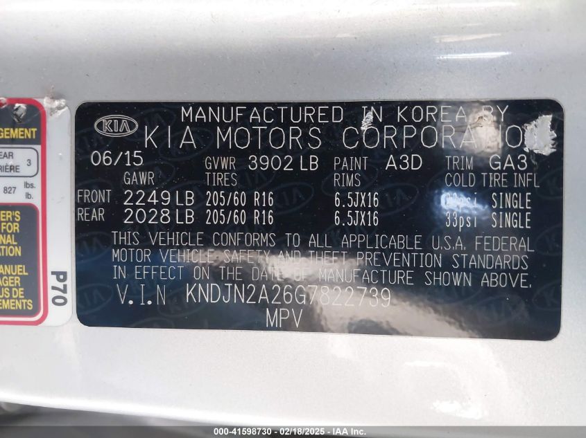 2016 Kia Soul VIN: KNDJN2A26G7822739 Lot: 41598730