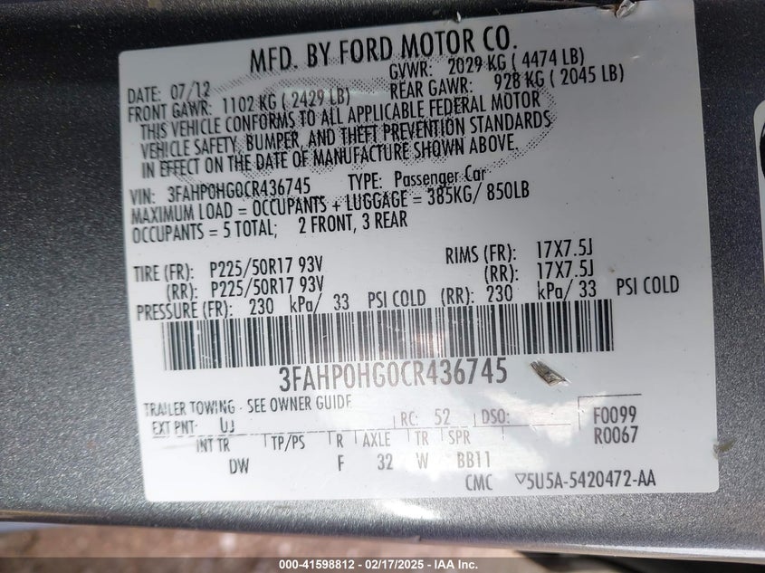 2012 FORD FUSION VIN: 3FAHP0HG0CR436745