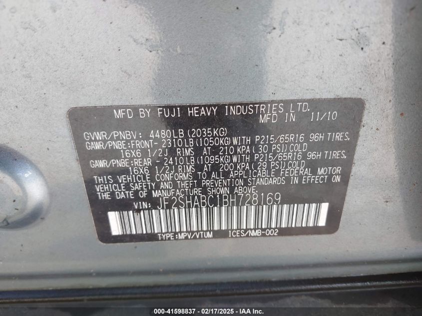 2011 Subaru Forester 2.5X VIN: JF2SHABC1BH728169 Lot: 41598837