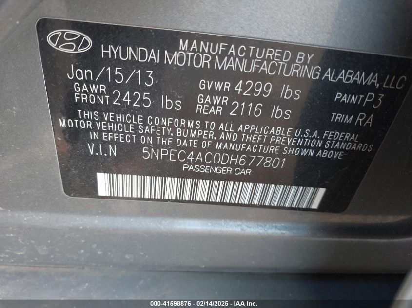 2013 Hyundai Sonata Limited VIN: 5NPEC4AC0DH677801 Lot: 41598876