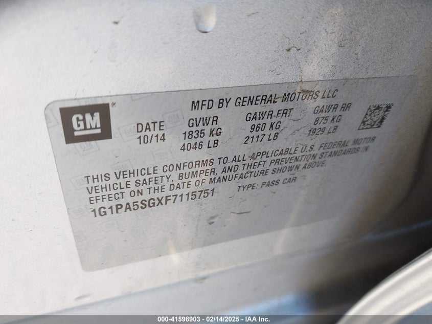 2015 CHEVROLET CRUZE VIN: 1G1PA5SGXF7115751