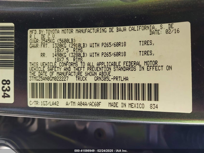 2016 TOYOTA TACOMA VIN: 3TMGZ5AN0GM022227
