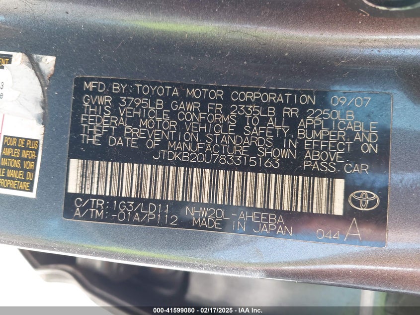 2008 TOYOTA PRIUS VIN: JTDKB20U783315163