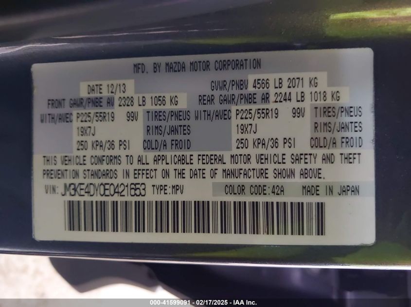 2014 Mazda Cx-5 VIN: JM3KE4DY0E421653 Lot: 41599091