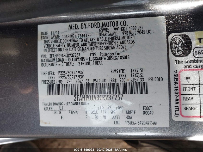 2012 FORD FUSION VIN: 3FAHP0JA3CR237257