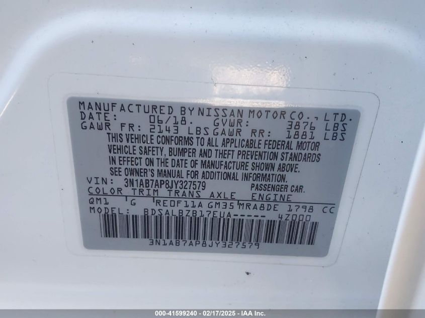 2018 Nissan Sentra S VIN: 3N1AB7AP8JY327579 Lot: 41599240