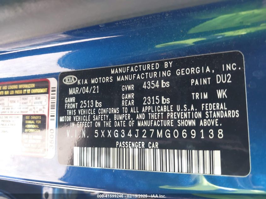 2021 Kia K5 Ex VIN: 5XXG34J27MG069138 Lot: 41599246