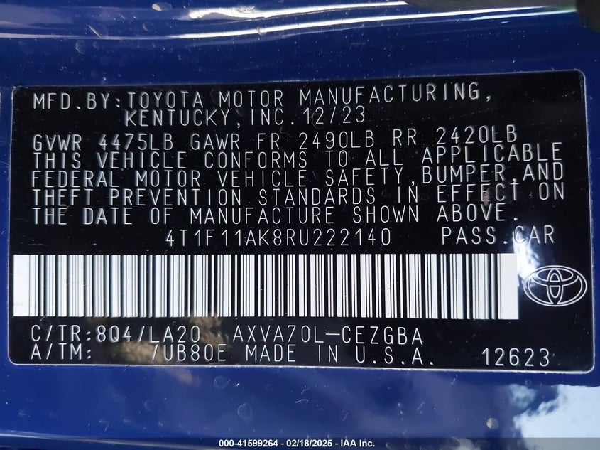 2024 TOYOTA CAMRY VIN: 4T1F11AK8RU222140