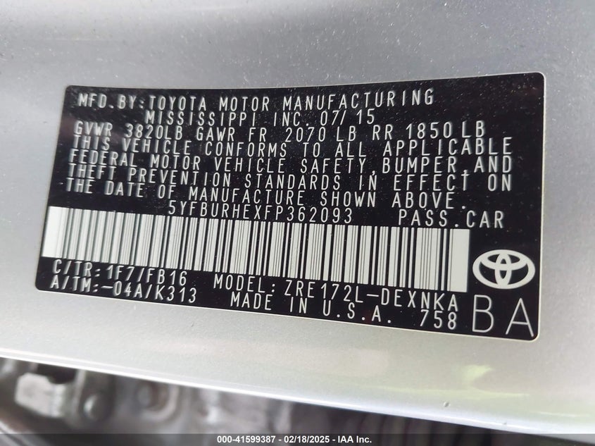 2015 TOYOTA COROLLA LE/LE PLUS/LE PREMIUM - 5YFBURHEXFP362093