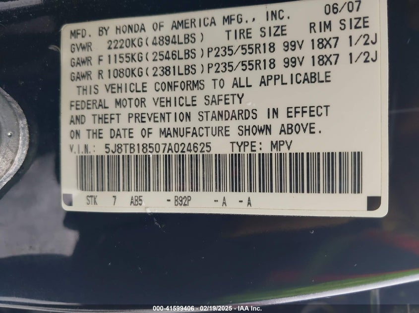 2007 Acura Rdx VIN: 5J8TB18507A024625 Lot: 41599406