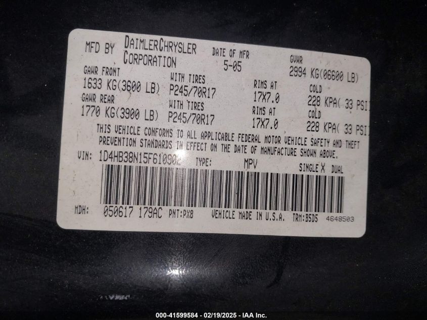 2005 Dodge Durango St VIN: 1D4HB38N15F610902 Lot: 41599584