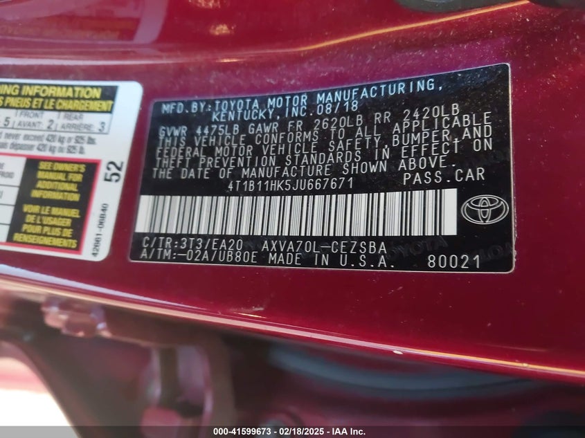 2018 TOYOTA CAMRY VIN: 4T1B11HK5JU667671