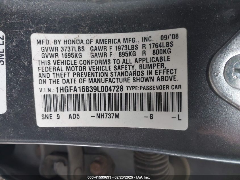 2009 Honda Civic Ex VIN: 1HGFA16839L004728 Lot: 41599693