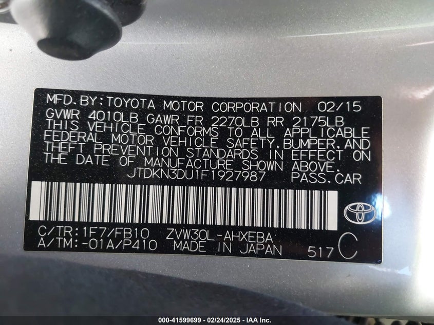 2015 TOYOTA PRIUS VIN: JTDKN3DU1F1927987