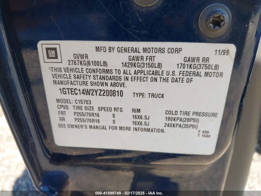 2000 GMC Sierra 1500 Sl VIN: 1GTEC14W2YZ200810 Lot: 41599749