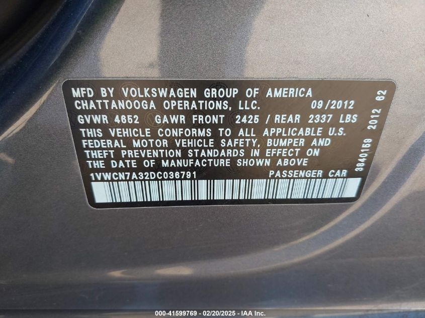2013 Volkswagen Passat 2.0L Tdi Sel Premium VIN: 1VWCN7A32DC036791 Lot: 41599769