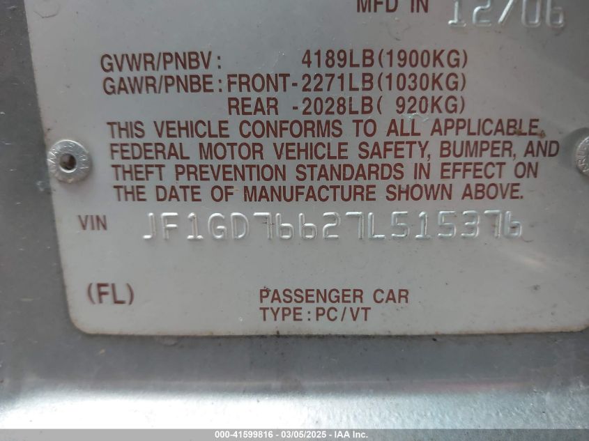 2007 Subaru Impreza Wrx Sti VIN: JF1GD76627L515376 Lot: 41599816