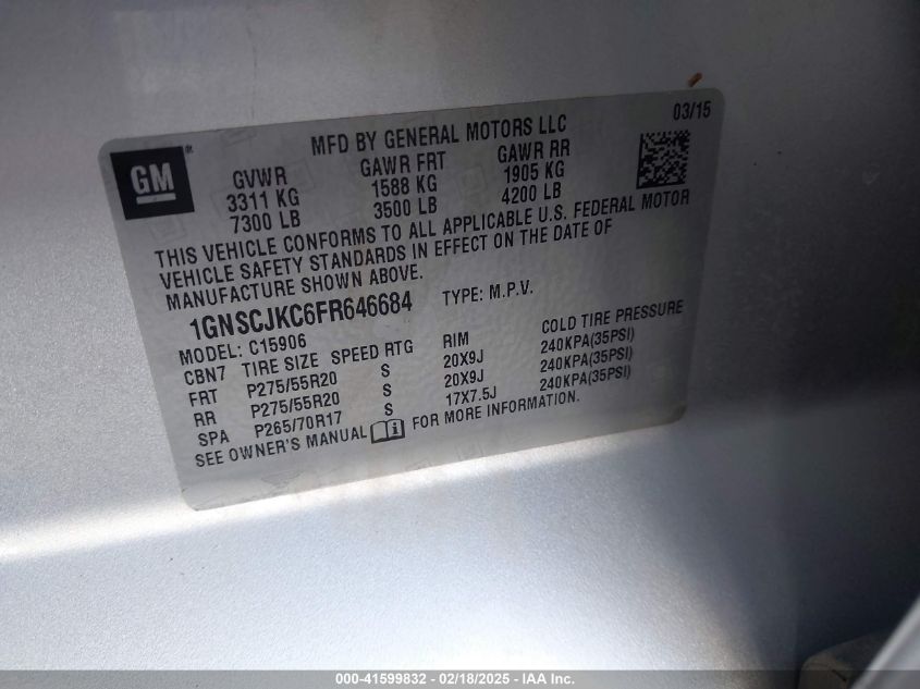 2015 Chevrolet Suburban 1500 Lt VIN: 1GNSCJKC6FR646684 Lot: 41599832