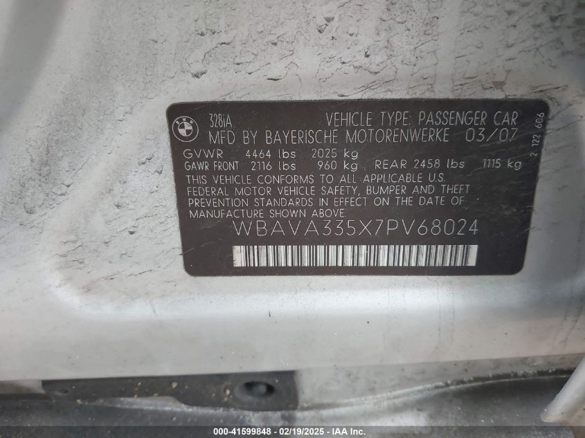 2007 BMW 328I VIN: WBAVA335X7PV68024 Lot: 41599848