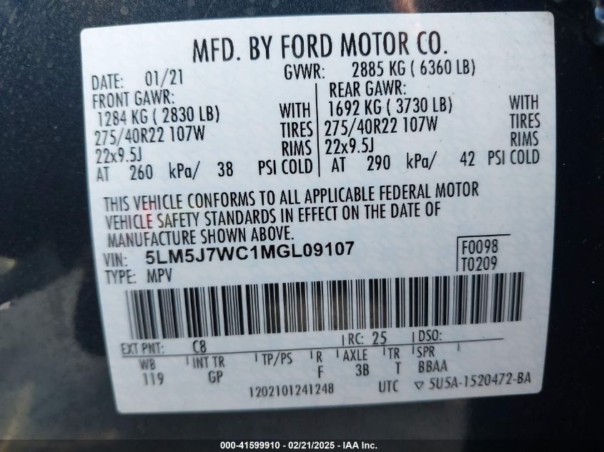 2021 Lincoln Aviator Reserve VIN: 5LM5J7WC1MGL09107 Lot: 41599910