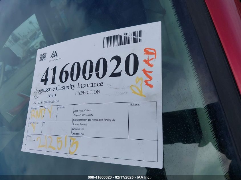 2004 Ford Expedition Eddie Bauer VIN: 1FMRU17W04LA54751 Lot: 41600020