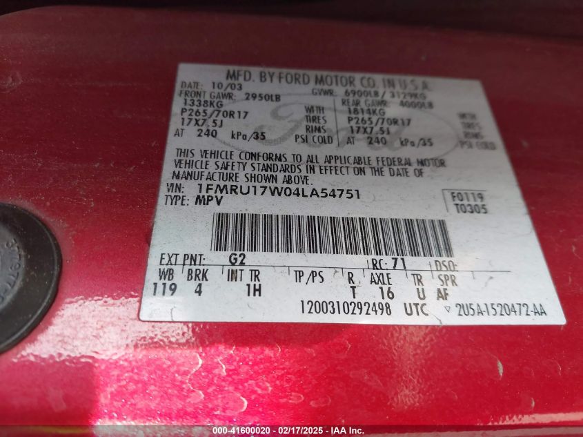 2004 Ford Expedition Eddie Bauer VIN: 1FMRU17W04LA54751 Lot: 41600020