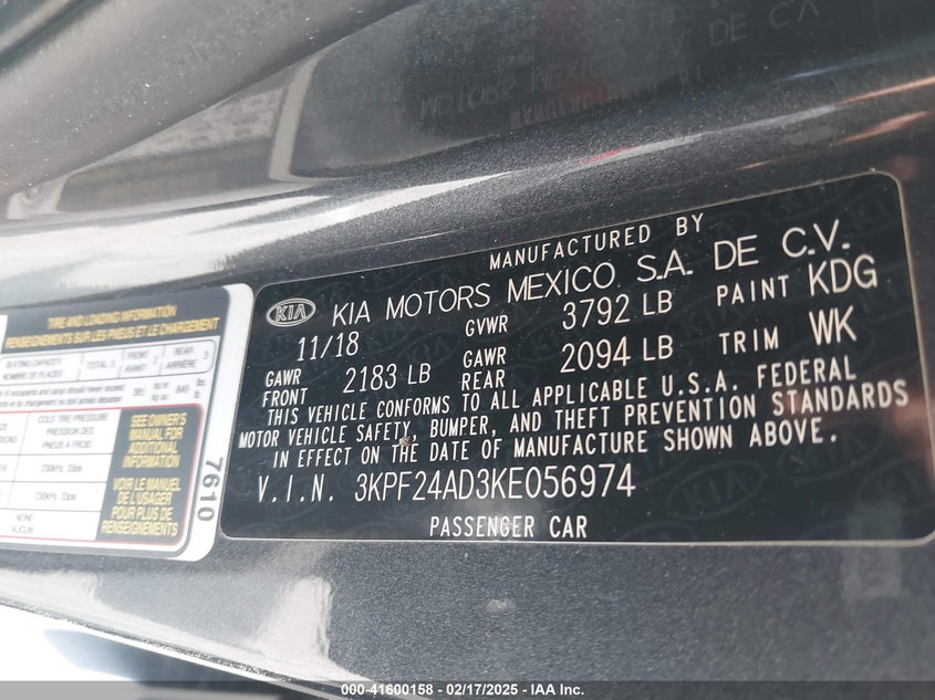 2019 KIA FORTE VIN: 3KPF24AD3KE056974