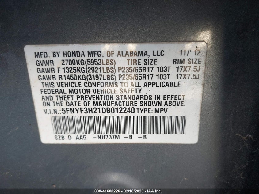 2013 HONDA PILOT LX - 5FNYF3H21DB012240