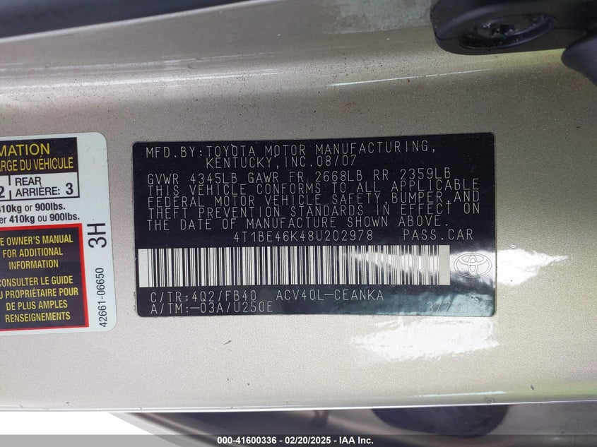 2008 TOYOTA CAMRY VIN: 4T1BE46K48U202978
