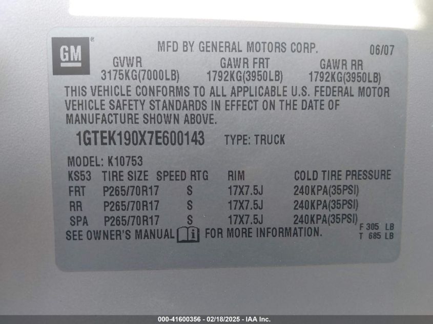 2007 GMC Sierra 1500 Work Truck VIN: 1GTEK190X7E600143 Lot: 41600356