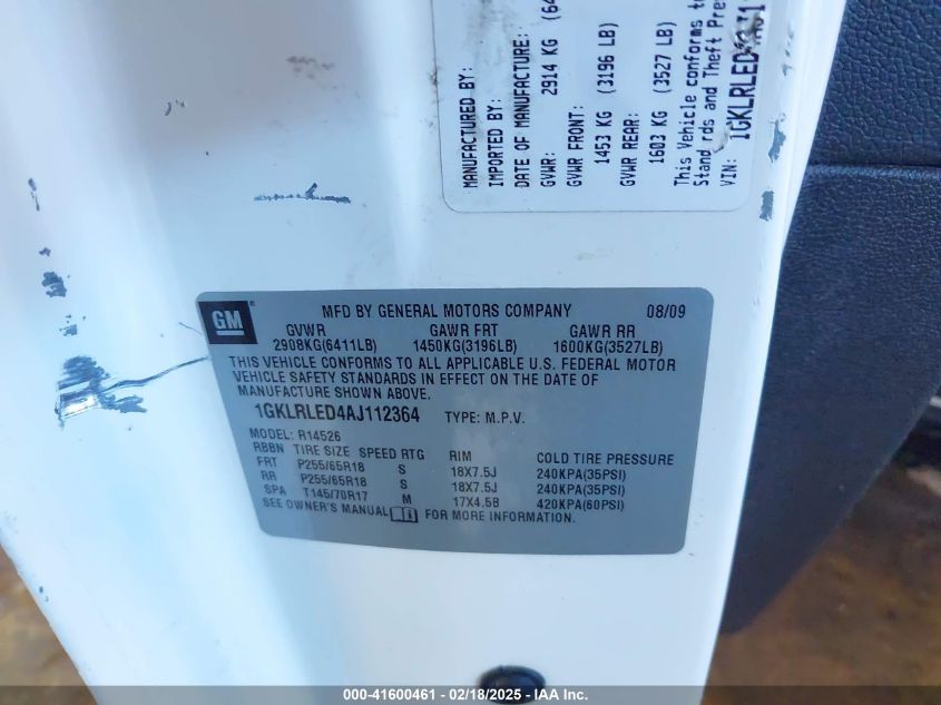 2010 GMC Acadia Sle VIN: 1GKLRLED4AJ112364 Lot: 41600461