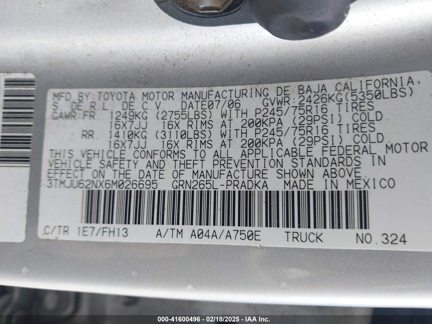 2006 TOYOTA TACOMA VIN: 3TMJU62NX6M026695