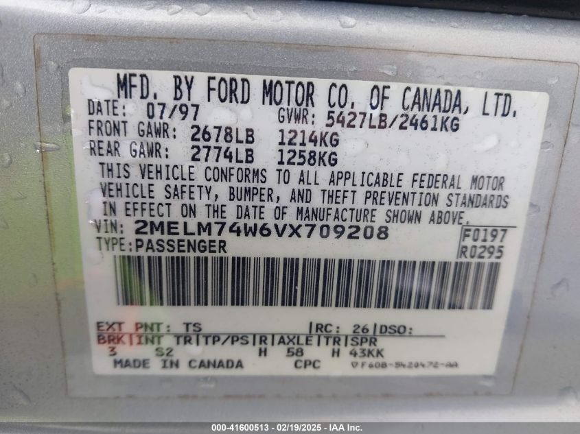 1997 Mercury Grand Marquis Gs VIN: 2MELM74W6VX709208 Lot: 41600513