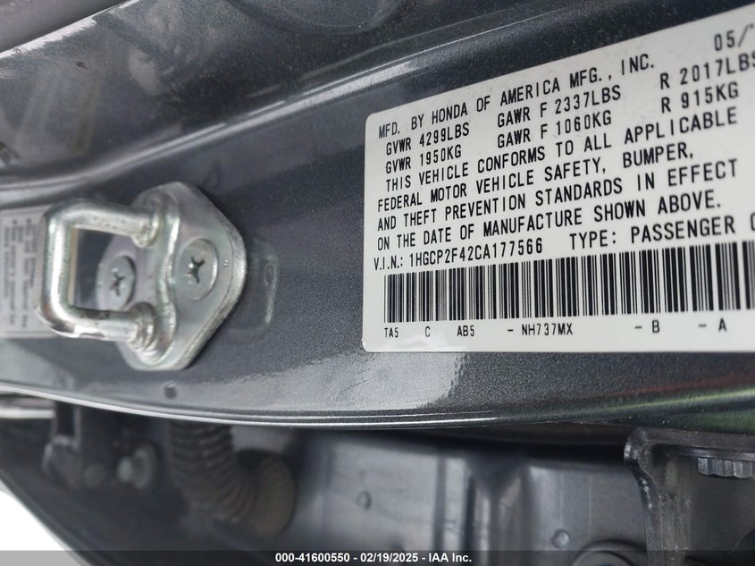 2012 HONDA ACCORD VIN: 1HGCP2F42CA177566