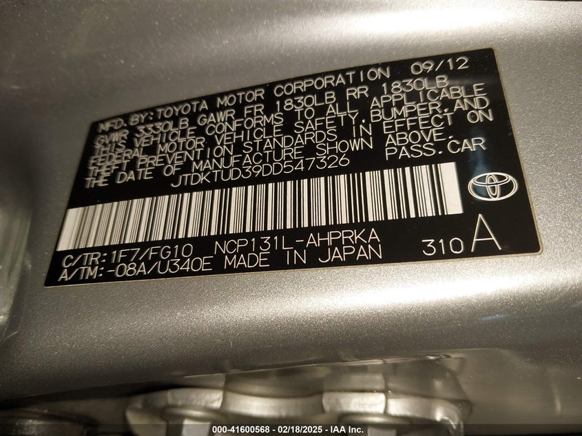 2013 TOYOTA YARIS VIN: JTDKTUD39DD547326