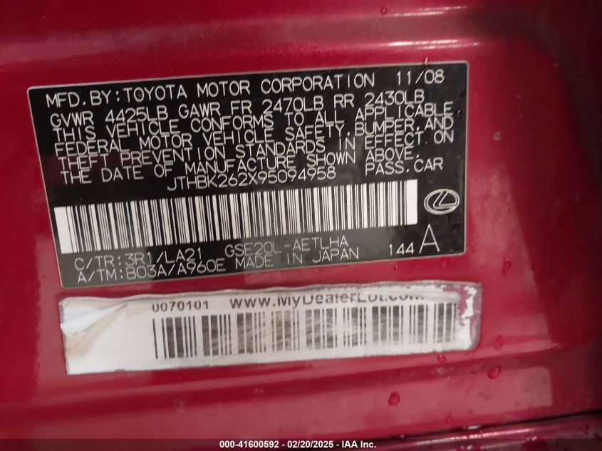 2009 Lexus Is 250 VIN: JTHBK262X95094958 Lot: 41600592