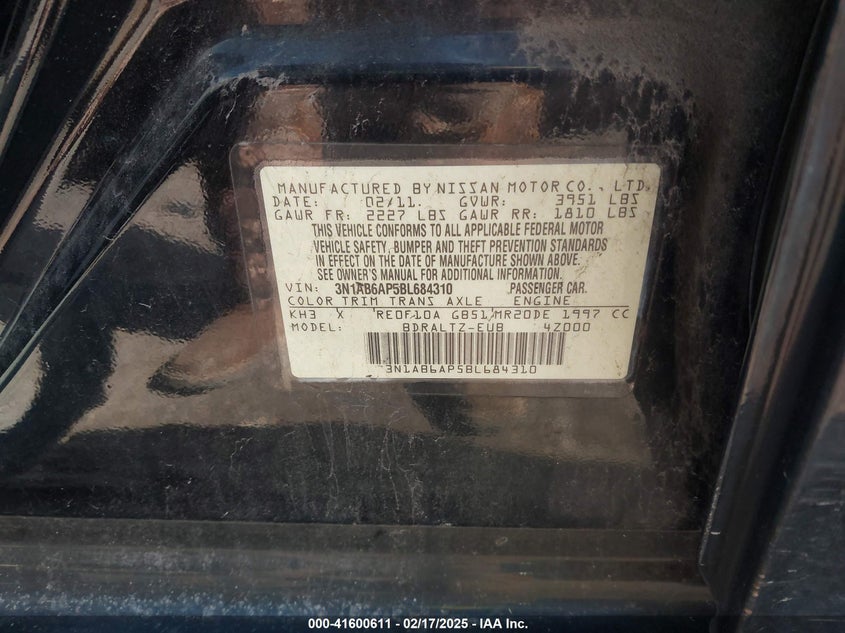2011 NISSAN SENTRA VIN: 3N1AB6AP5BL684310