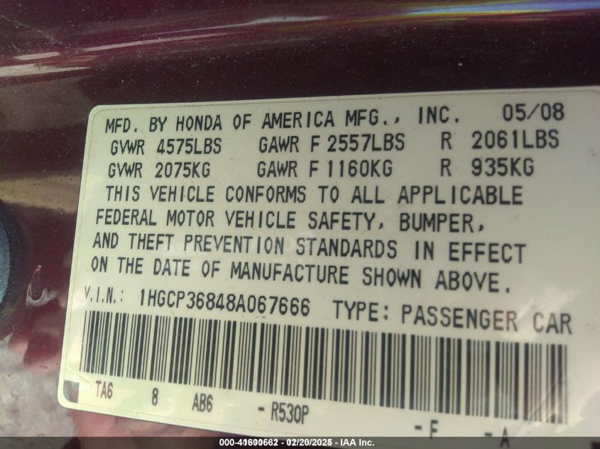 2008 Honda Accord 3.5 Ex-L VIN: 1HGCP36848A067666 Lot: 41600662