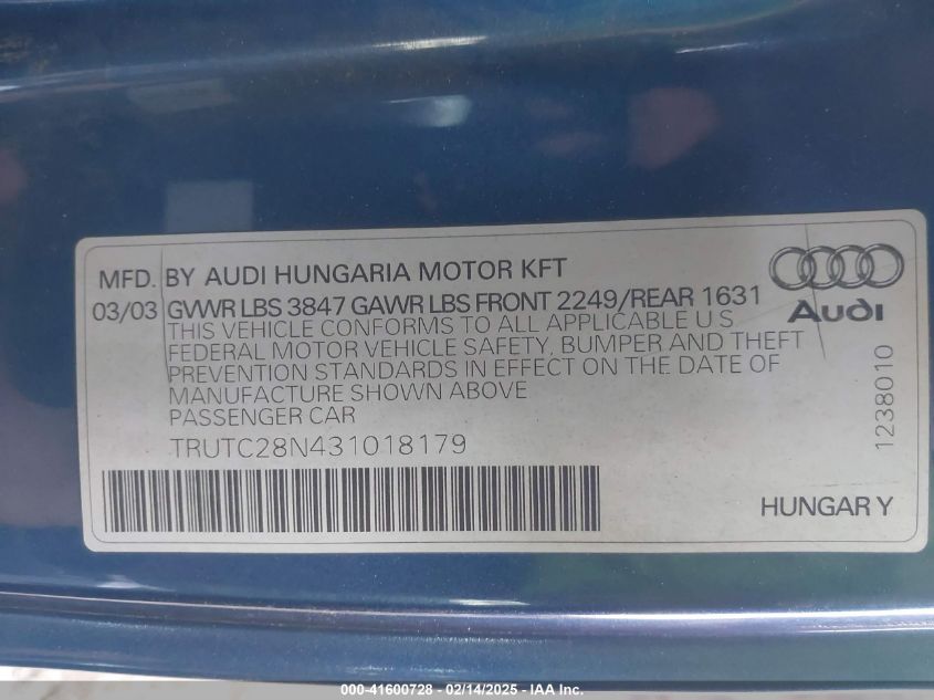 2003 Audi Tt 1.8L VIN: TRUTC28N431018179 Lot: 41600728