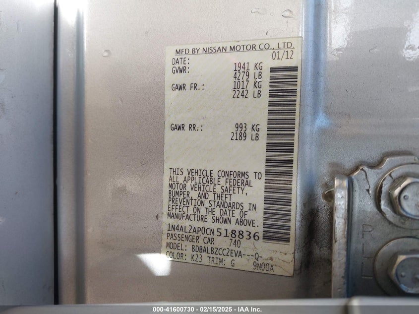 2012 NISSAN ALTIMA VIN: 1N4AL2AP0CN518836