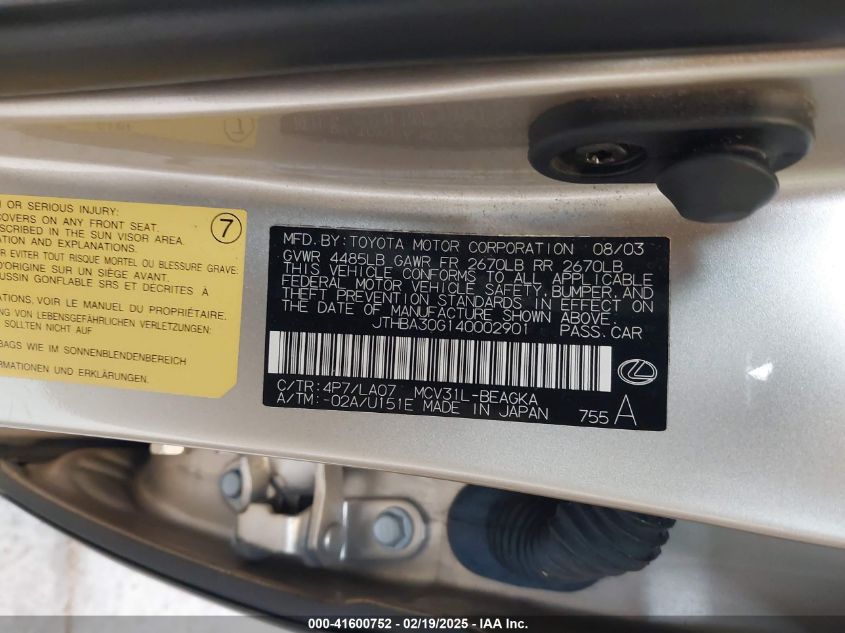 2004 Lexus Es VIN: 0JTHBA30G14002901 Lot: 41600752