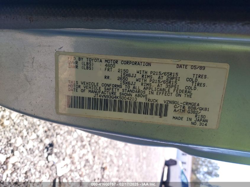 1989 Toyota Pickup 1/2 Ton Ex Long Whlbs Sr5 VIN: JT4VN93G4K5004210 Lot: 41600757