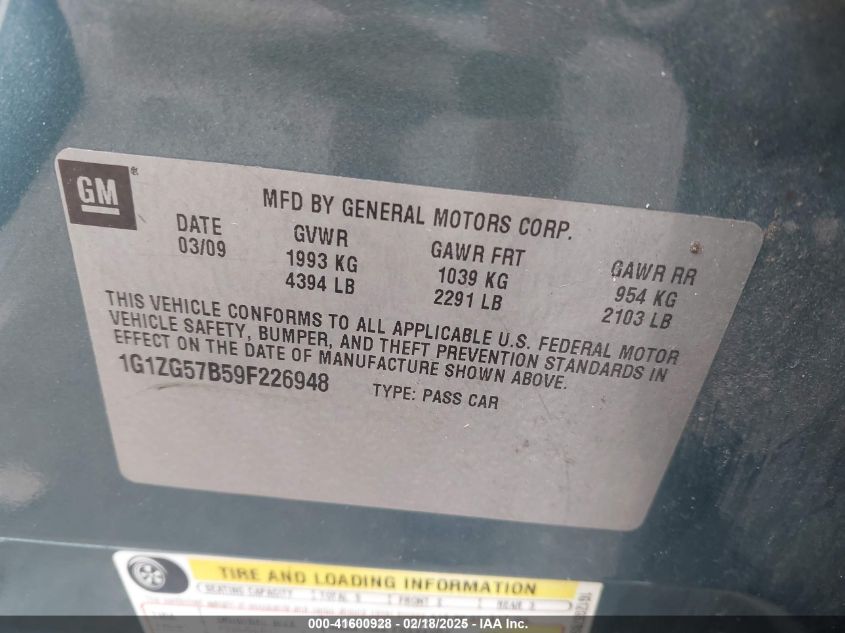 2009 Chevrolet Malibu Ls VIN: 1G1ZG57B59F226948 Lot: 41600928