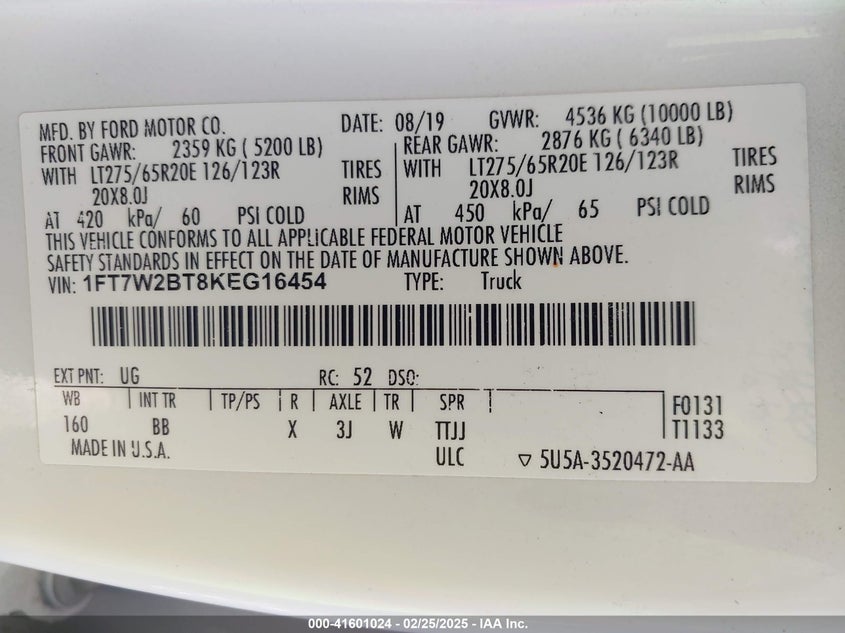 2019 FORD F-250 VIN: 1FT7W2BT8KEG16454