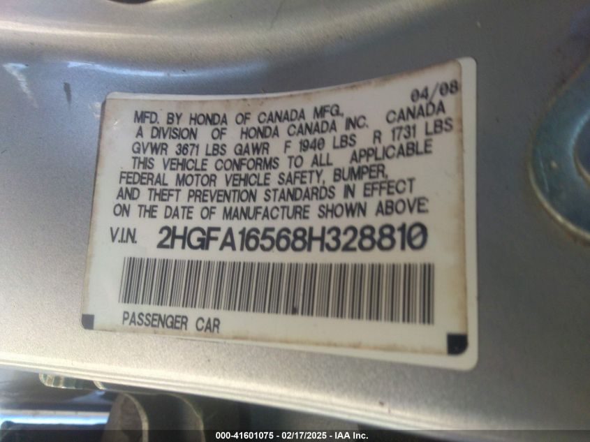 2008 Honda Civic Lx VIN: 2HGFA16568H328810 Lot: 41601075