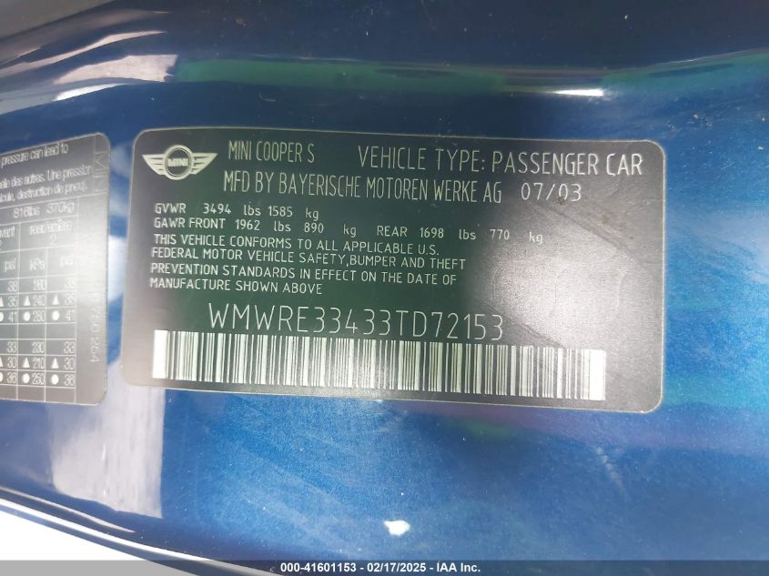 2003 Mini Cooper S VIN: WMWRE33433TD72153 Lot: 41601153