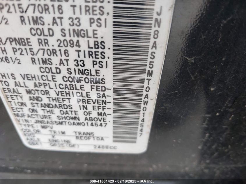 2010 Nissan Rogue S VIN: JN8AS5MT0AW014547 Lot: 41601429